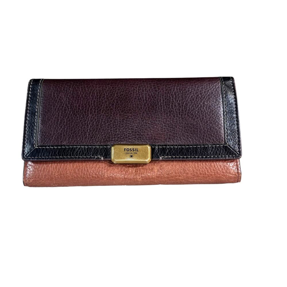 Vintage Fossil 2-Toned Brown Textured Leather Tri-Fold Wallet Flap Style 7.5"